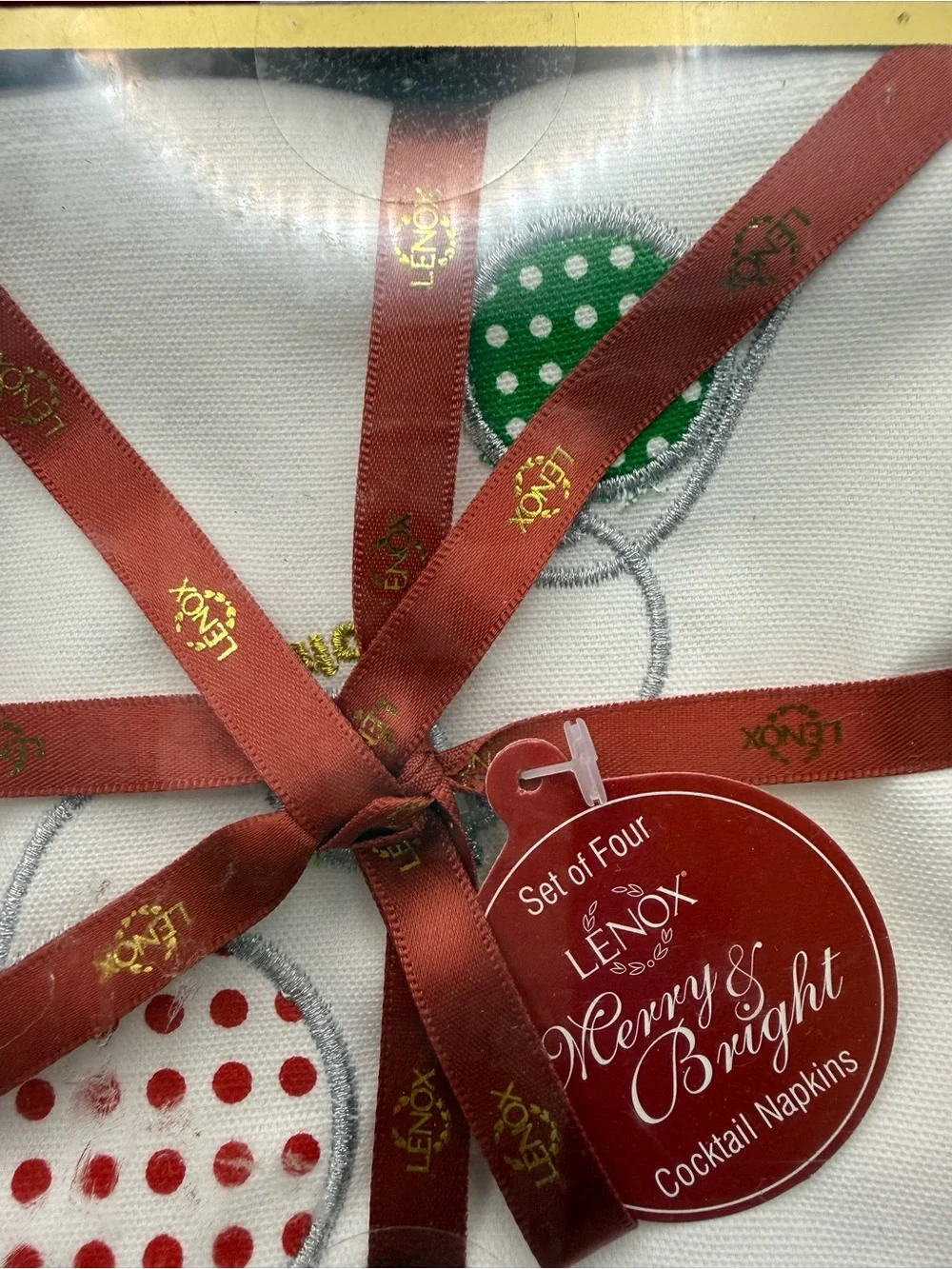 Lenox Merry & Bright White Cocktail Napkins - Red & Green Polka Dot 2 Sets of 4